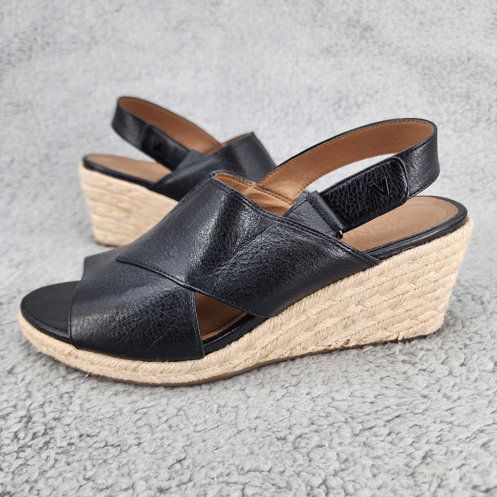 Vionic Zamar Wedge Sandals Sz 8 Black Leather Wedge Espadrille Comfort Open Toe